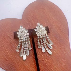 Vintage Drop Dangle Clear Rinestone Earrings Clip On Estate Bright Flash Stones